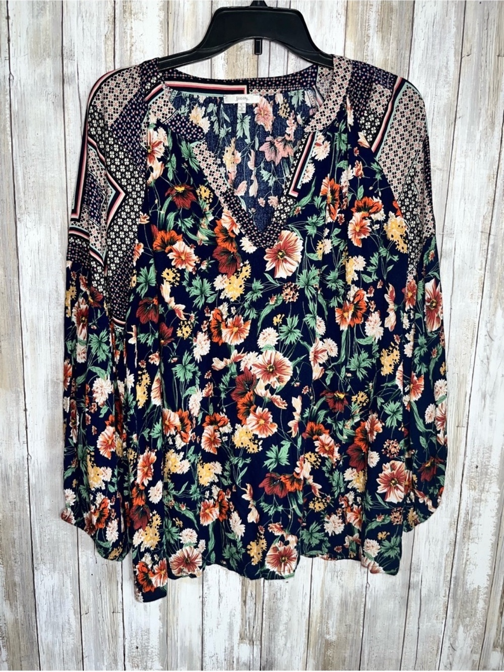 Jodifl Navy Floral Boho Peasant Blouse Long Sleeve Lightweight Top Size L - Picture 2 of 6